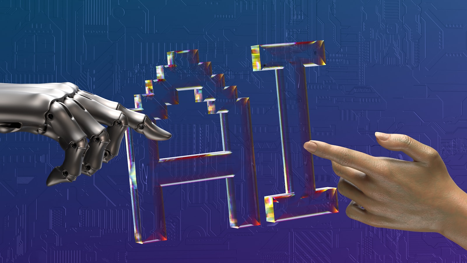 Hands reaching toward digital interface
