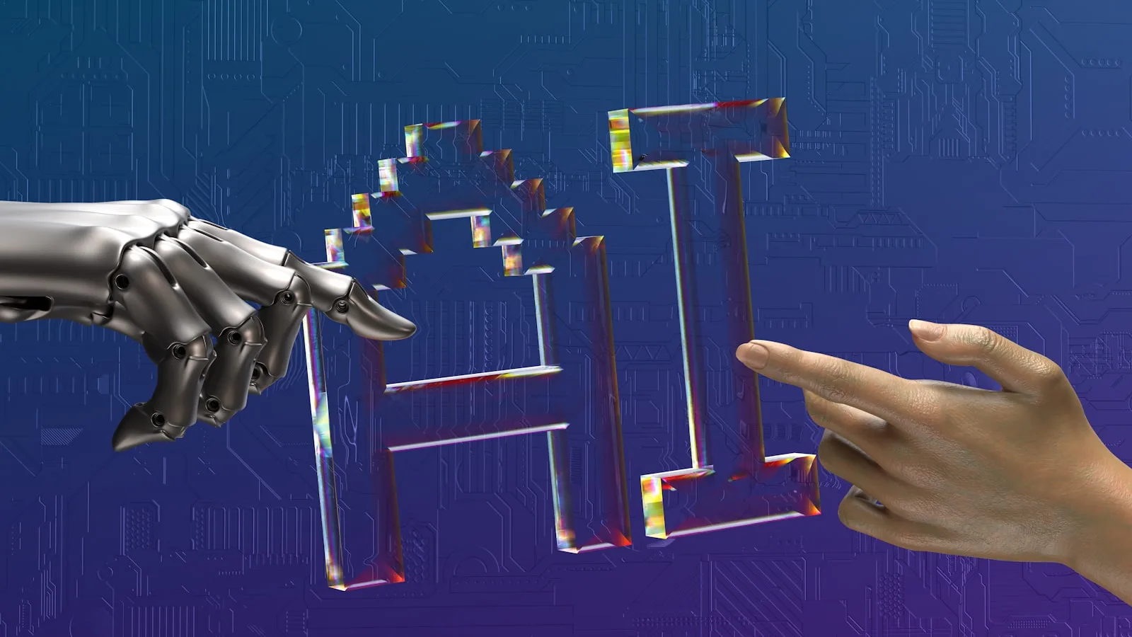Hands reaching toward digital interface