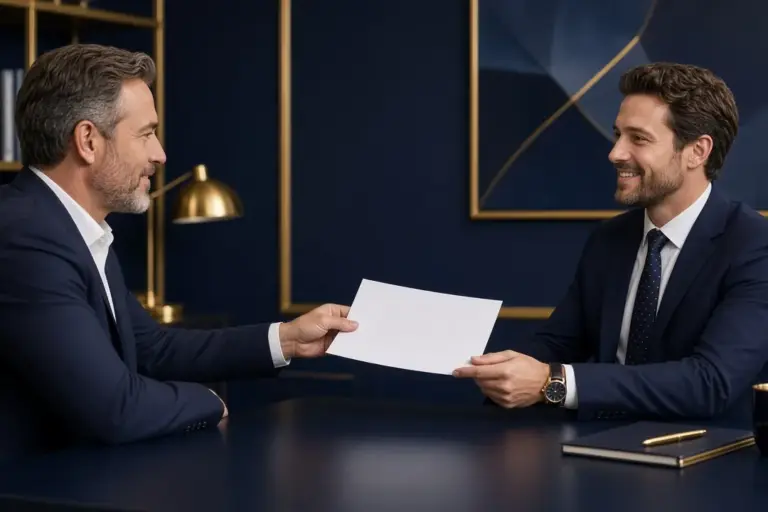 Business owner handing a list of changes to a smiling consultant