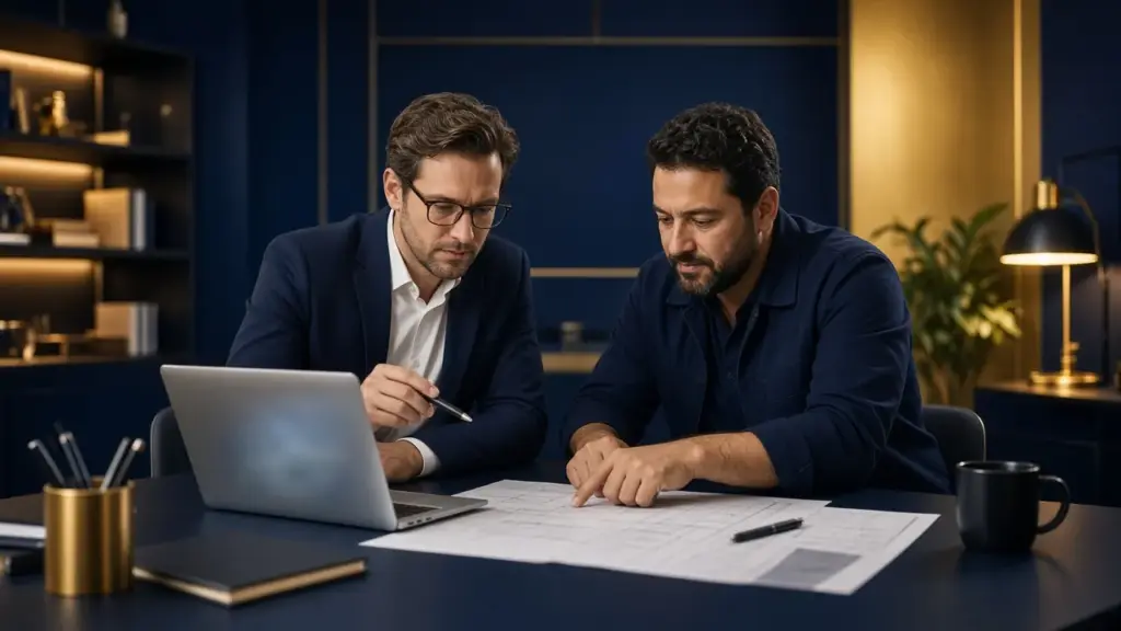 Consultant and business owner planning changes to a system together