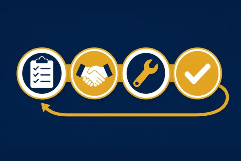 Four linked steps: checklist, handshake, wrench and tick, with an arrow looping back for the next round