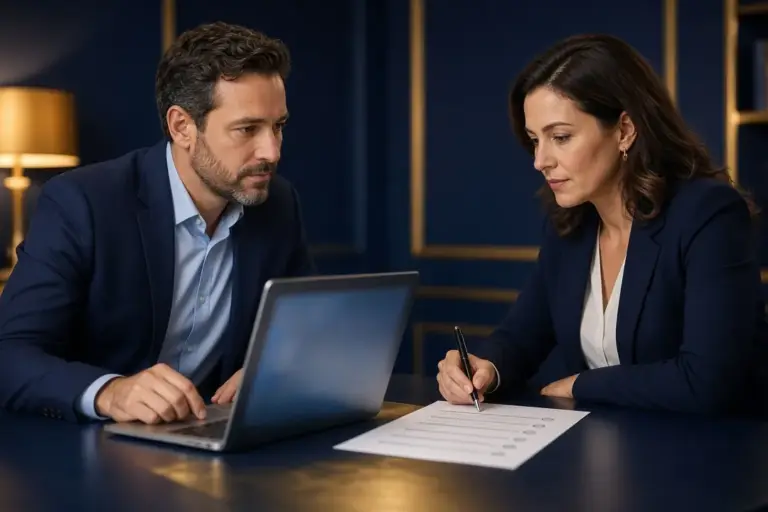 Consultant and business owner comparing notes on a laptop and a printed checklist