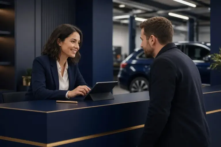 Customer arranging a service booking at a garage reception desk