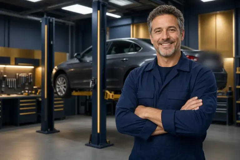 Smiling garage owner with arms folded in his workshop