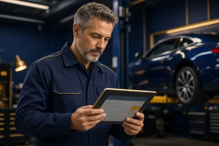 Garage manager reviewing a job and invoice on a tablet