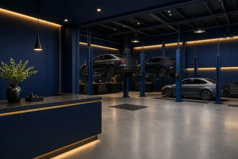Modern UK garage with a reception desk in front of the service bays