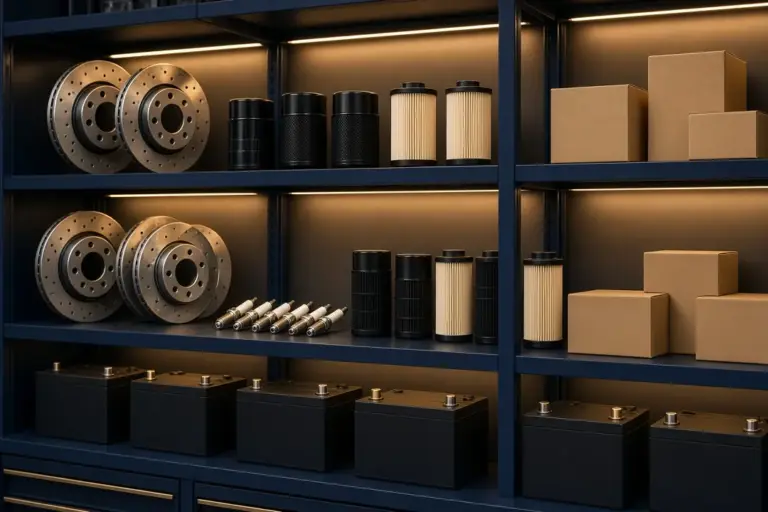 Car parts neatly arranged on workshop shelving
