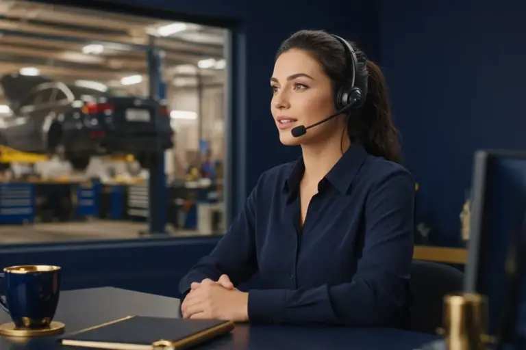 Support specialist with a headset at her desk, a workshop behind the window