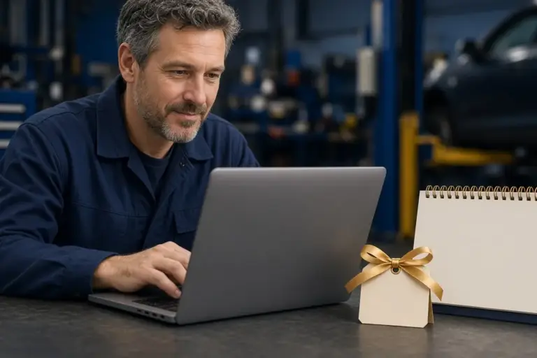 Garage owner trying the system on a laptop at the workshop counter