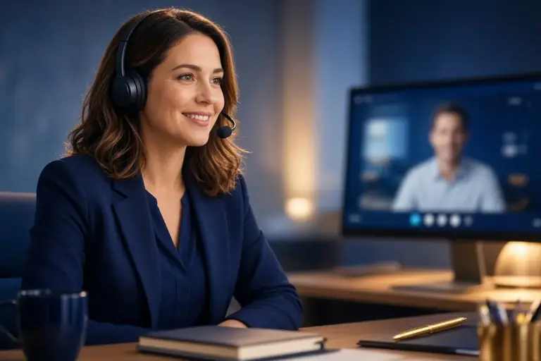 Friendly adviser with a headset on a video call