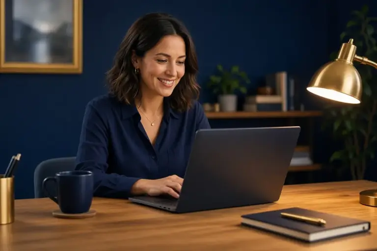 Small business owner smiling at her laptop in a warm office